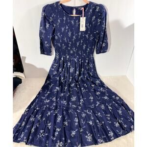 Vinyard Vines Smocked MIdi Dress XS Sienna Floral Navy NWT Cottage Core